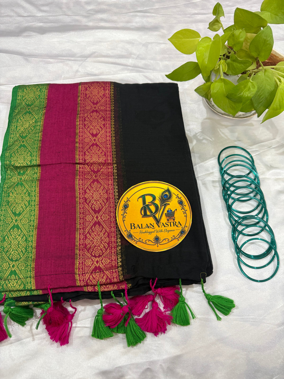 Pure Mul Cotton Saree Black with Pink and Green Border| Black Mul Cotton Saree | Pure Cotton Saree | Lightweight Saree | Dailywear Saree