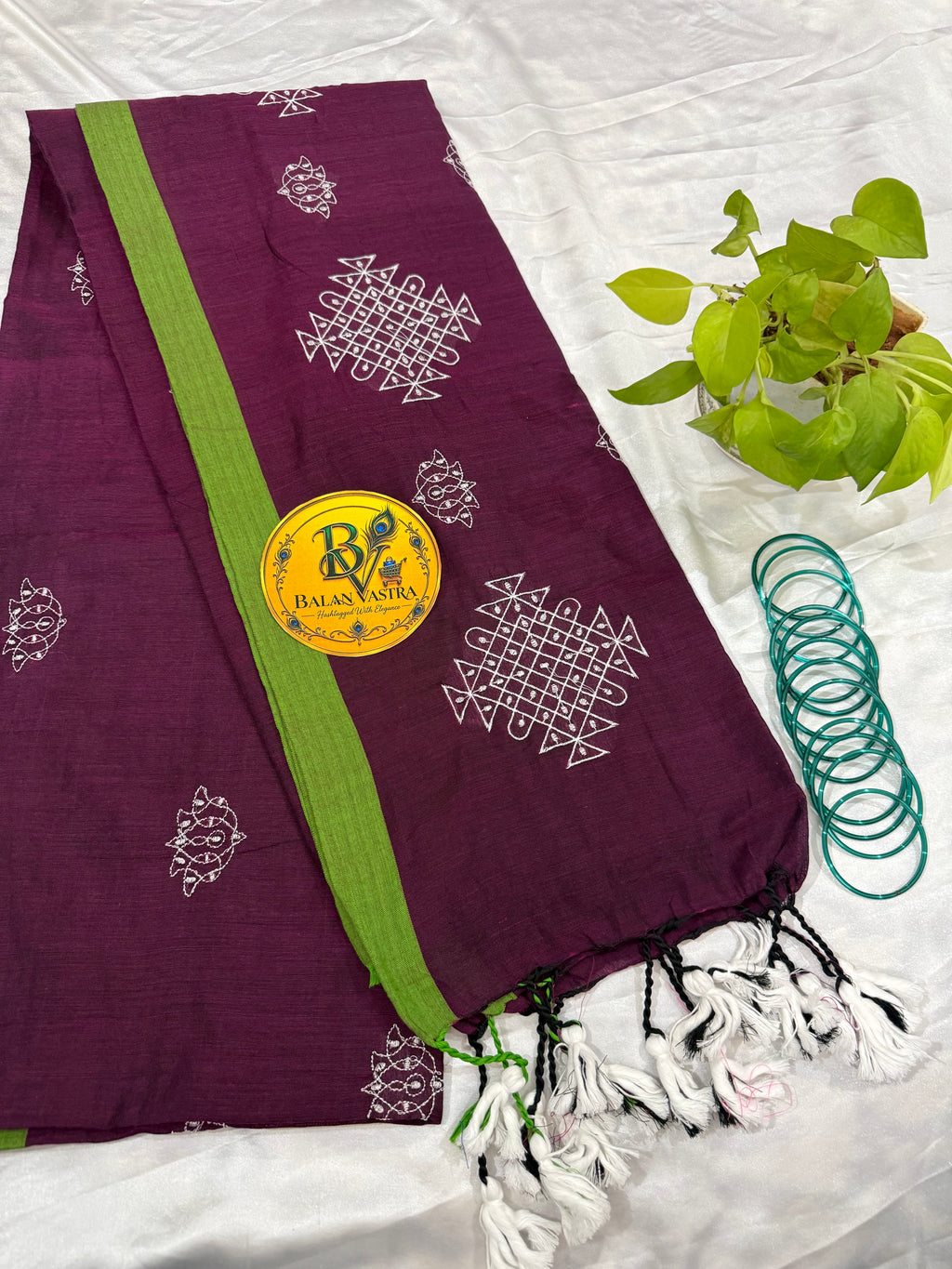 Pure Cotton Saree Purple with Green Border and White Tassels| Purple Cotton Saree | Pure Cotton Saree | Lightweight Saree | Dailywear Saree