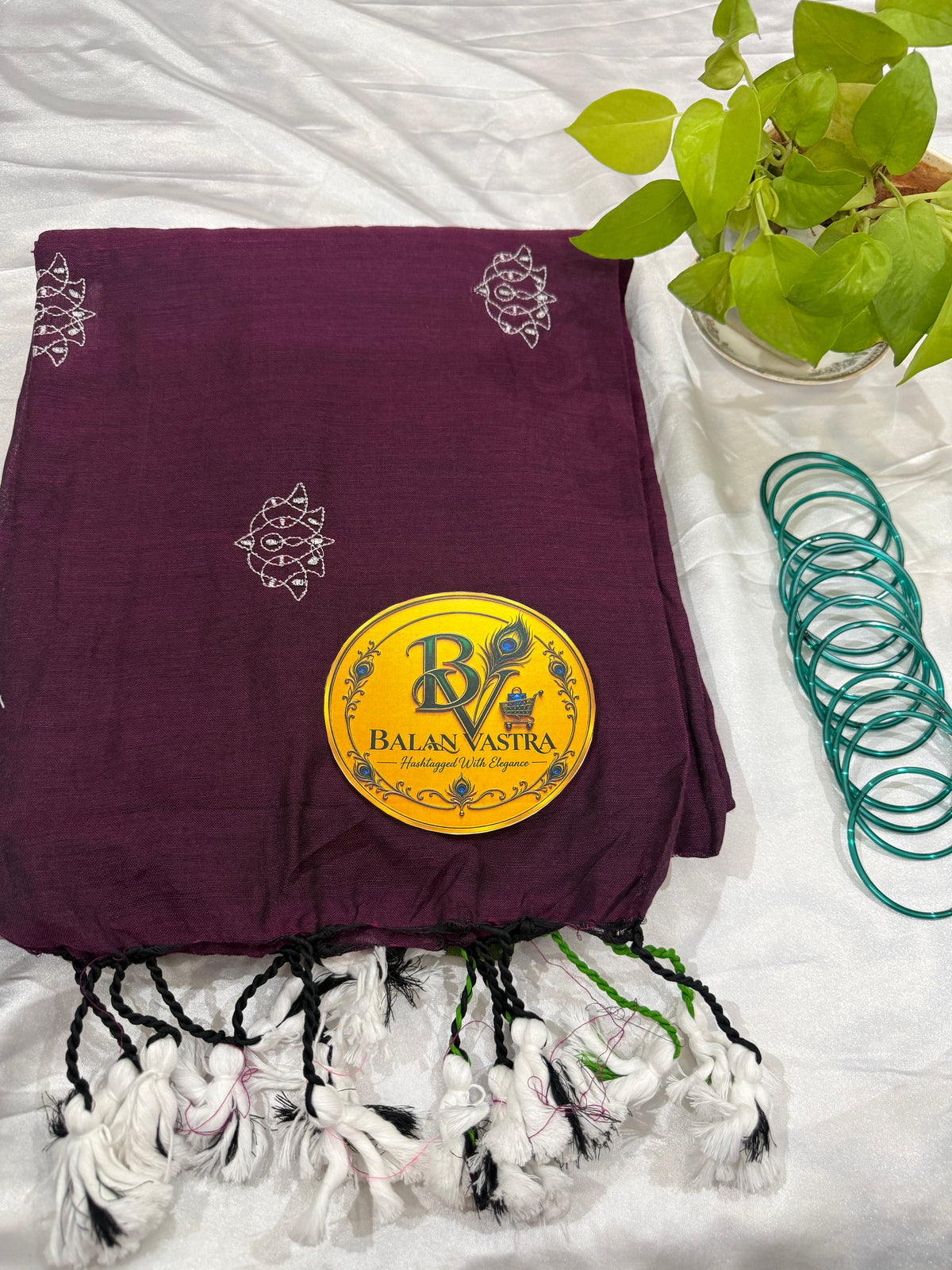 Pure Cotton Saree Purple with Green Border and White Tassels| Purple Cotton Saree | Pure Cotton Saree | Lightweight Saree | Dailywear Saree