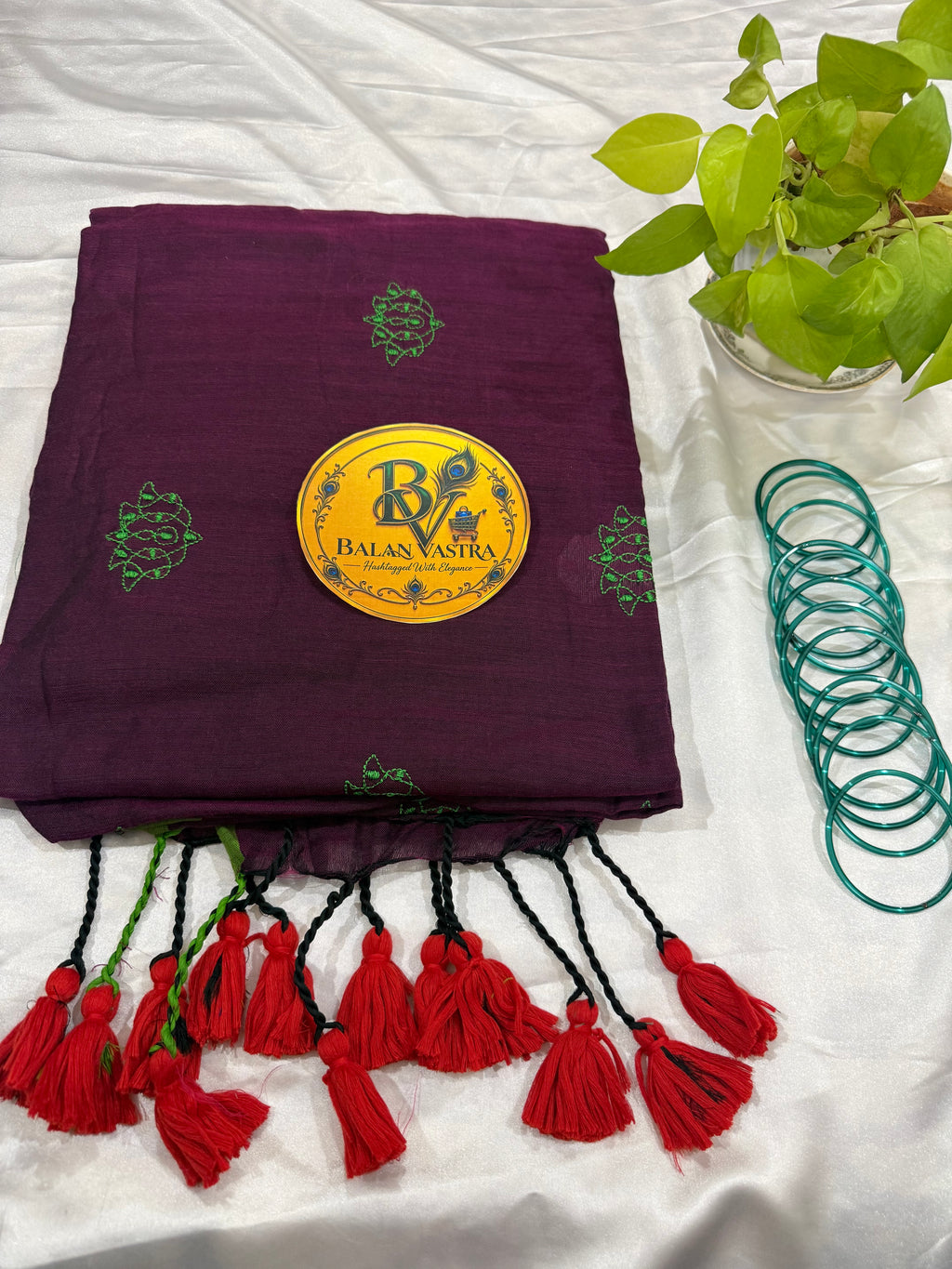 Pure Cotton Saree Purple with Green Border and Red Tassels| Purple Cotton Saree | Pure Cotton Saree | Lightweight Saree | Dailywear Saree