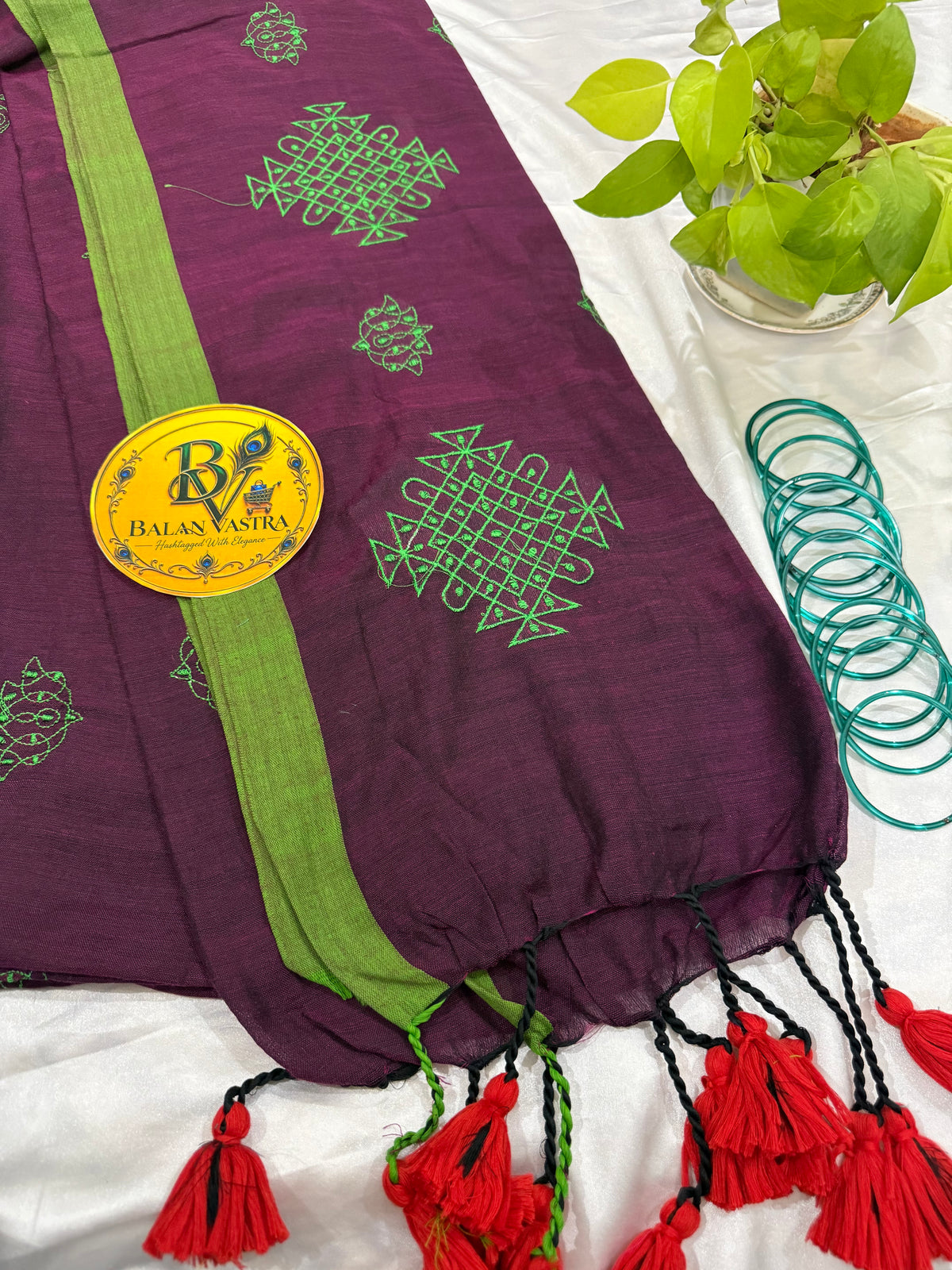 Pure Cotton Saree Purple with Green Border and Red Tassels| Purple Cotton Saree | Pure Cotton Saree | Lightweight Saree | Dailywear Saree