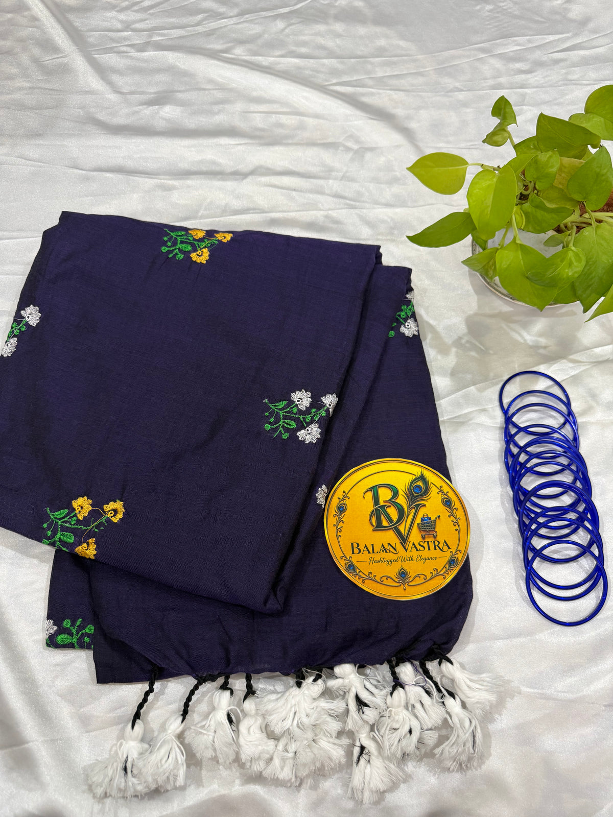 Pure Cotton Saree Navy Blue with Floral and White Tassels| Blue Cotton Saree | Pure Cotton Saree | Lightweight Saree | Dailywear Saree