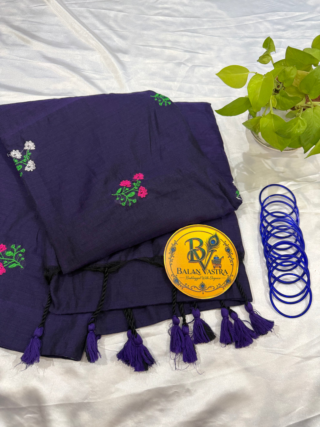Pure Cotton Saree Navy Blue with Floral and Blue Tassels| Blue Cotton Saree | Pure Cotton Saree | Lightweight Saree | Dailywear Saree