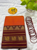 Orange and Red Temple Double Border Pure Kanchi Cotton Saree | Chettinad Pure Cotton Saree for Women | Soft Cotton Traditional Saree | Rich Gold Zari Border