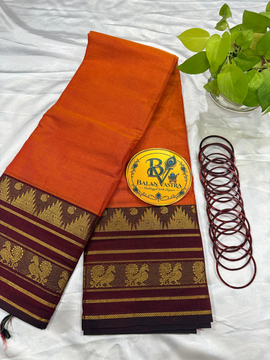 Orange and Red Temple Double Border Pure Kanchi Cotton Saree | Chettinad Pure Cotton Saree for Women | Soft Cotton Traditional Saree | Rich Gold Zari Border