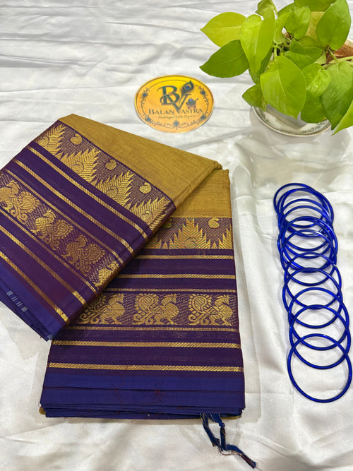 Gold and Purple Double Border Pure Kanchi Cotton Saree | Chettinad Pure Cotton Saree for Women | Soft Cotton Traditional Saree | Rich Gold Zari Border