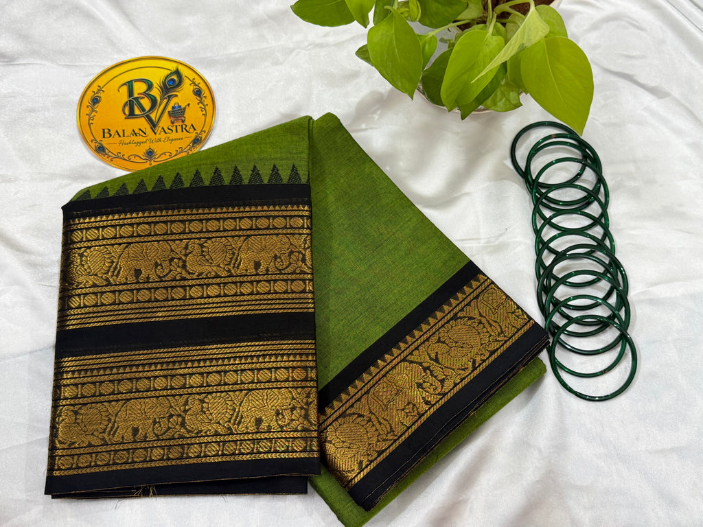 Parrot Green and Black Double Border Pure Kanchi Cotton Saree | Chettinad Pure Cotton Saree for Women | Soft Cotton Traditional Saree | Rich Gold Zari Border