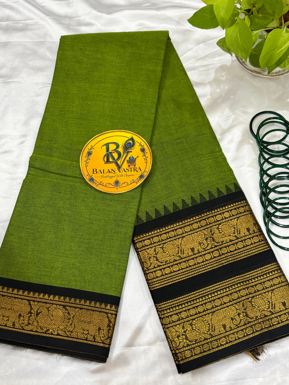 Parrot Green and Black Double Border Pure Kanchi Cotton Saree | Chettinad Pure Cotton Saree for Women | Soft Cotton Traditional Saree | Rich Gold Zari Border