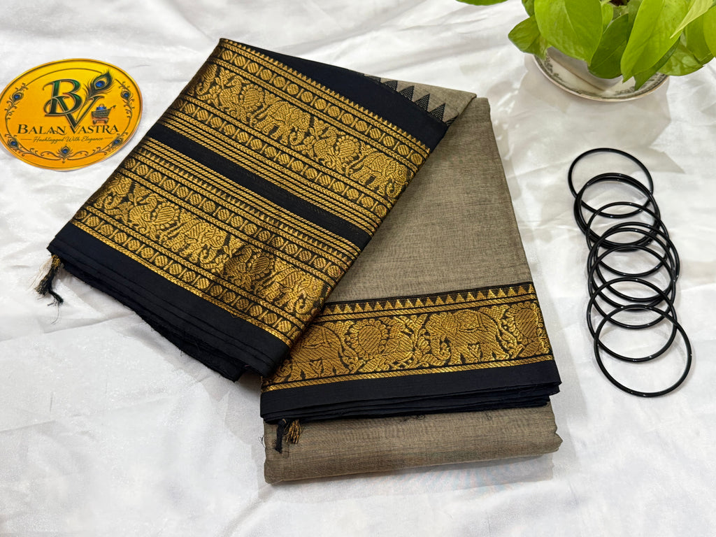 Grey and Black Pure Kanchi Cotton Saree | Chettinad Pure Cotton Saree for Women | Soft Cotton Traditional Saree | Rich Gold Zari Border