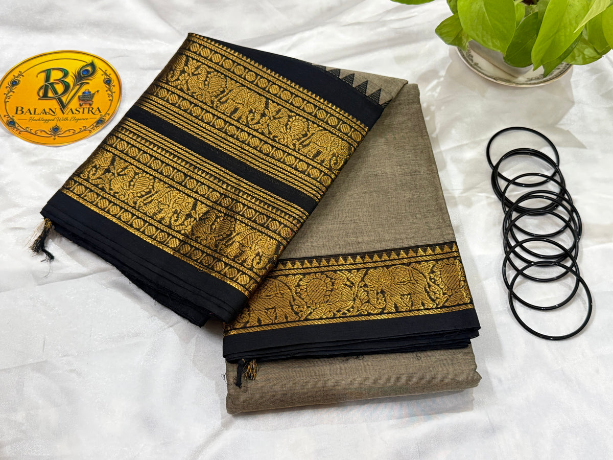 Grey and Black Pure Kanchi Cotton Saree | Chettinad Pure Cotton Saree for Women | Soft Cotton Traditional Saree | Rich Gold Zari Border