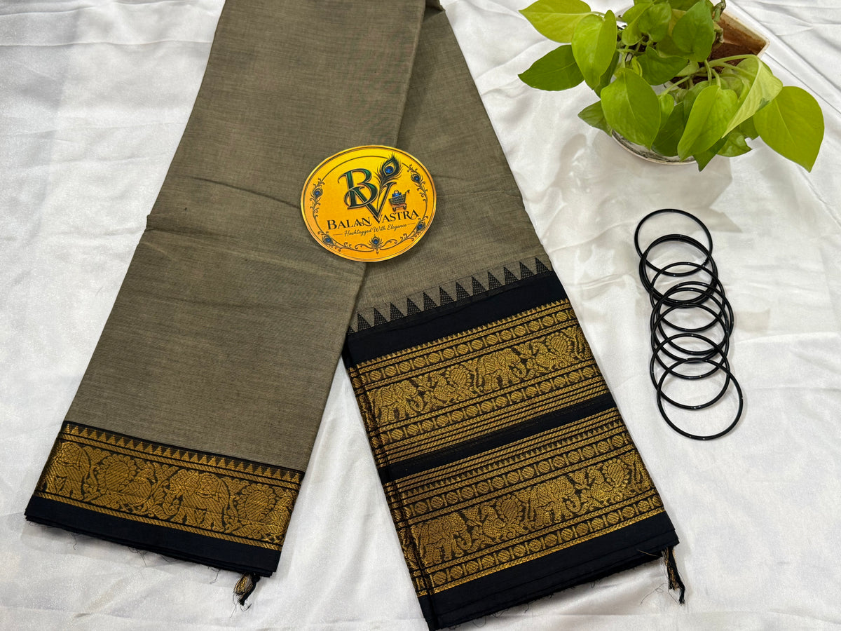 Grey and Black Pure Kanchi Cotton Saree | Chettinad Pure Cotton Saree for Women | Soft Cotton Traditional Saree | Rich Gold Zari Border