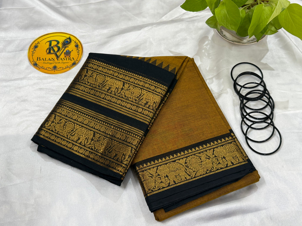 Mustard Yellow and Black Pure Kanchi Cotton Saree | Chettinad Pure Cotton Saree for Women | Soft Cotton Traditional Saree | Rich Gold Zari Border
