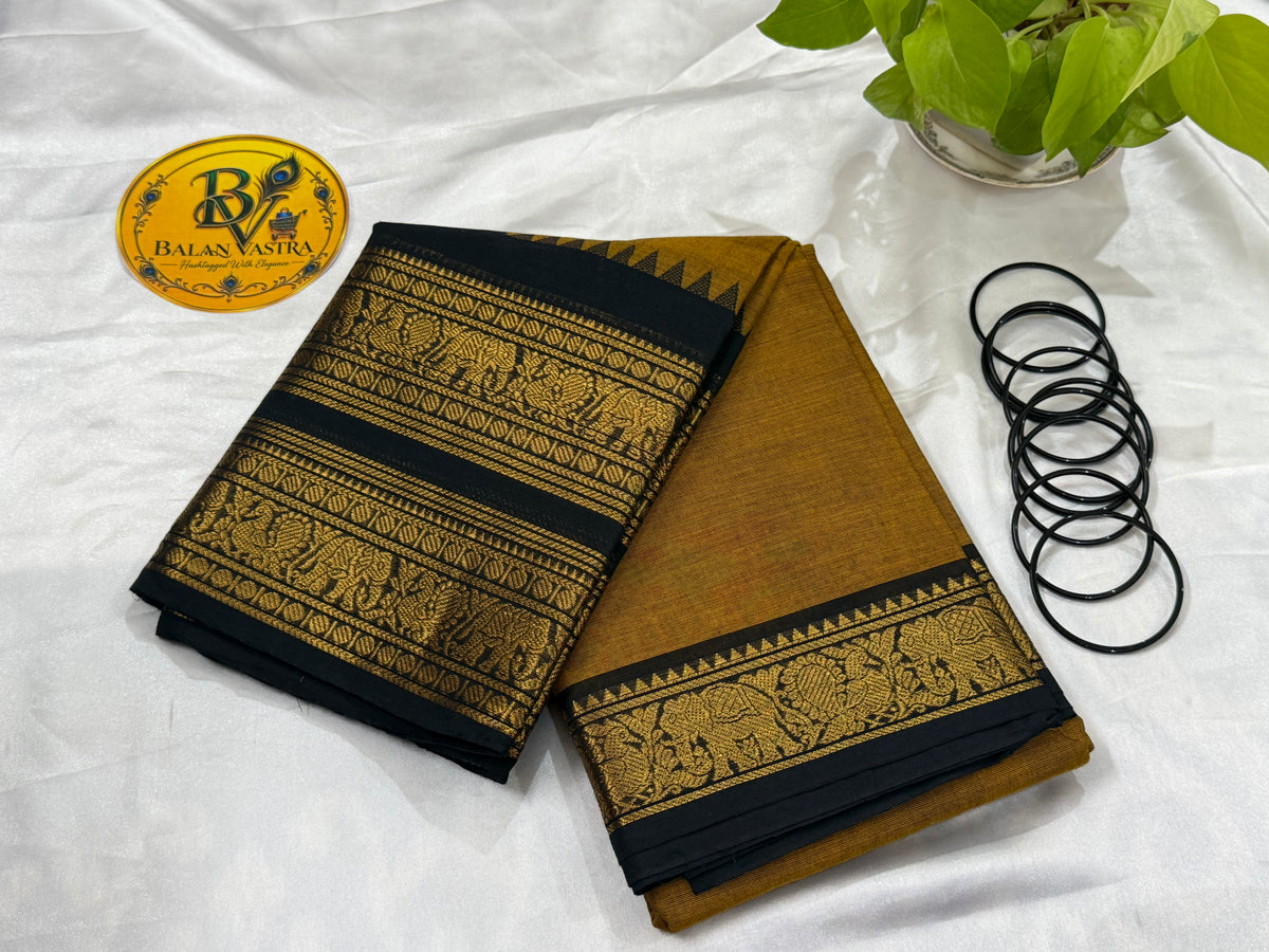 Mustard Yellow and Black Pure Kanchi Cotton Saree | Chettinad Pure Cotton Saree for Women | Soft Cotton Traditional Saree | Rich Gold Zari Border