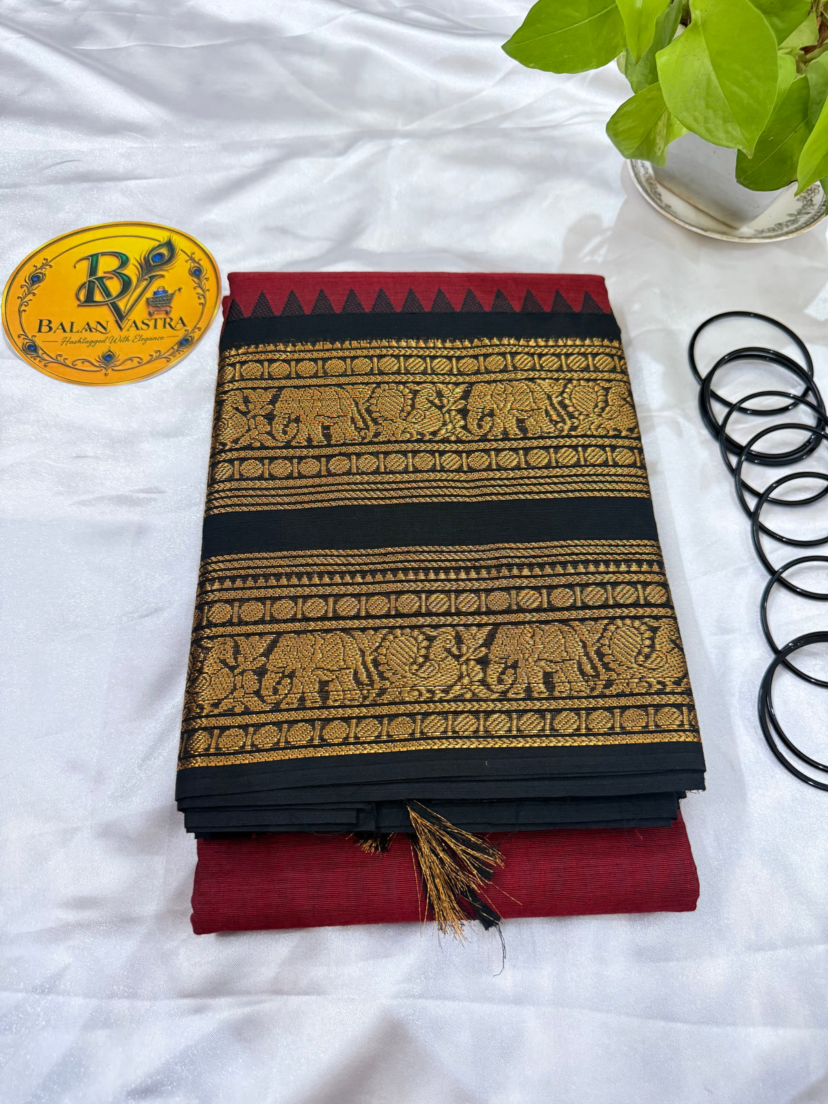 Red and Black Double Border Pure Kanchi Cotton Saree | Chettinad Pure Cotton Saree for Women | Soft Cotton Traditional Saree | Rich Gold Zari Border