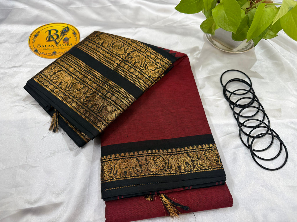 Red and Black Double Border Pure Kanchi Cotton Saree | Chettinad Pure Cotton Saree for Women | Soft Cotton Traditional Saree | Rich Gold Zari Border