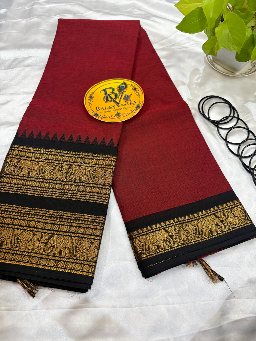 Red and Black Double Border Pure Kanchi Cotton Saree | Chettinad Pure Cotton Saree for Women | Soft Cotton Traditional Saree | Rich Gold Zari Border
