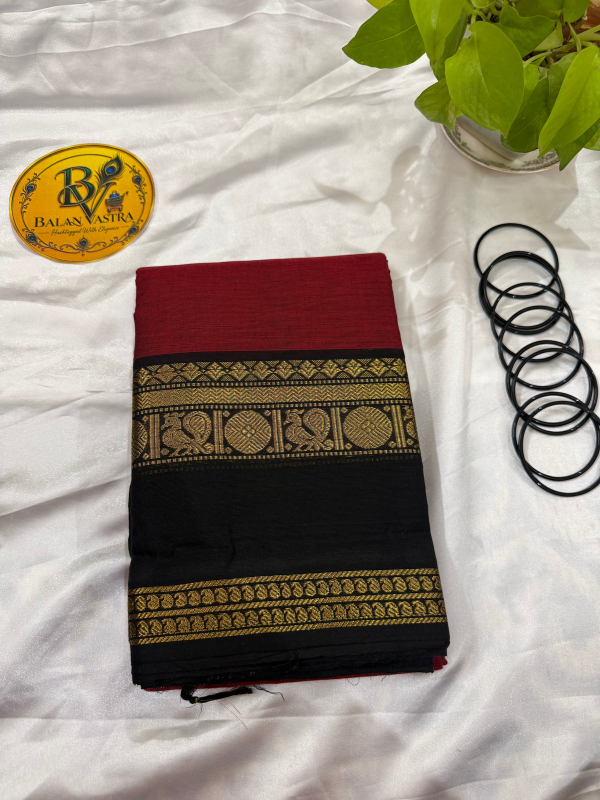 Red and Black Peacock Double Border Pure Kanchi Cotton Saree | Chettinad Pure Cotton Saree for Women | Soft Cotton Traditional Saree | Rich Gold Zari Border