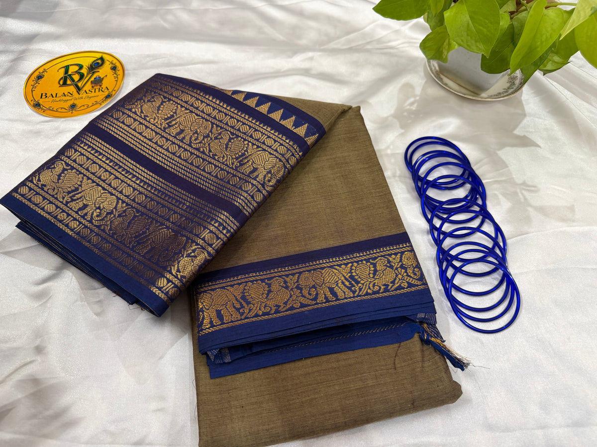 Grey and Blue Pure Kanchi Cotton Saree | Chettinad Pure Cotton Saree for Women | Soft Cotton Traditional Saree | Rich Gold Zari Border