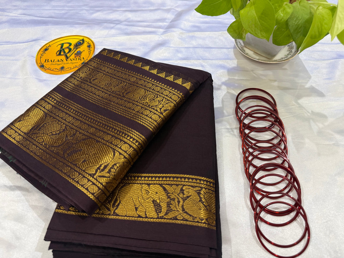 Coffee Brown Pure Kanchi Cotton Saree | Chettinad Pure Cotton Saree for Women | Soft Cotton Traditional Saree | Rich Gold Zari Border
