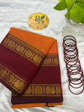 Orange and Red Peacock Double Border Pure Kanchi Cotton Saree | Chettinad Pure Cotton Saree for Women | Soft Cotton Traditional Saree | Rich Gold Zari Border