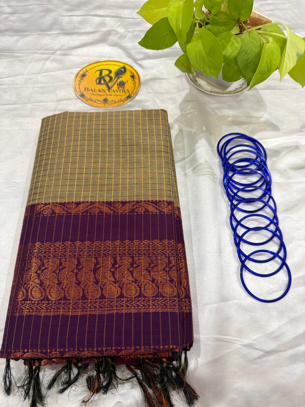 Grey and Purple Border Checked Kalyani Cotton Saree for Women | Kalyani Cotton Saree