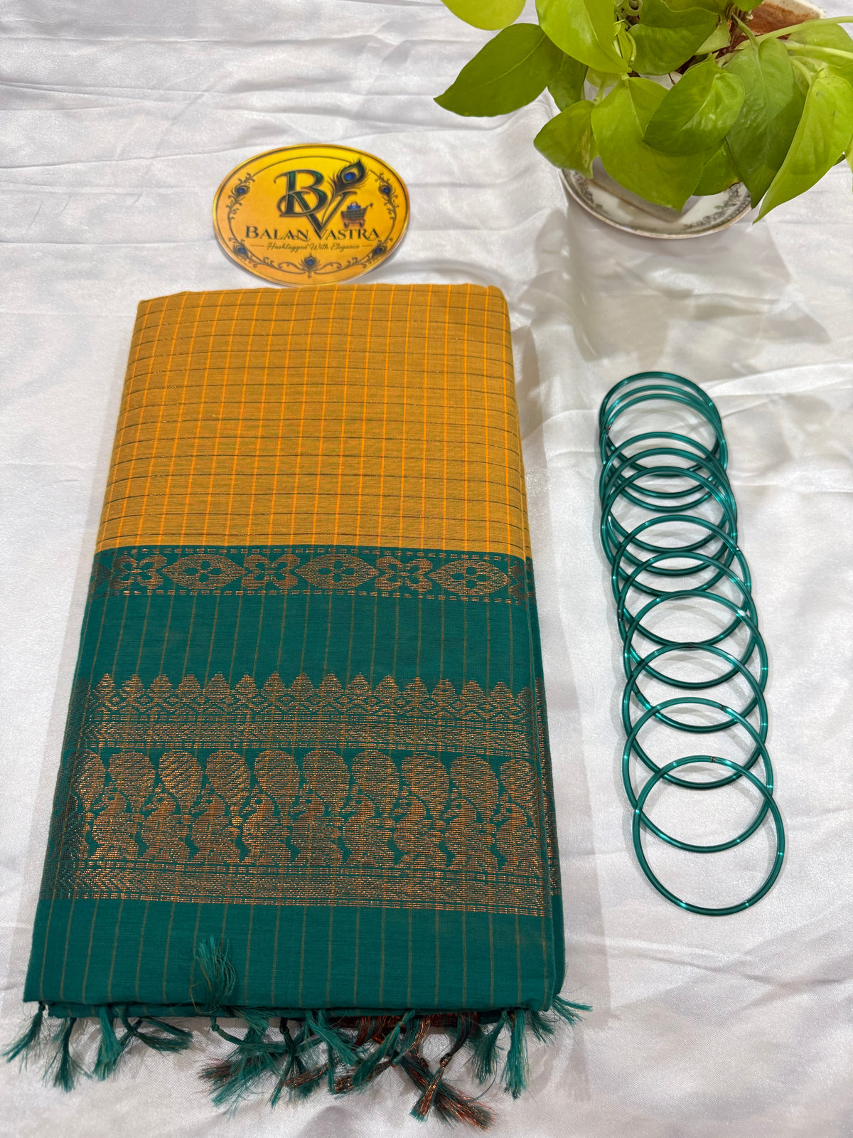 Mustard Yellow and Green Border Checked Kalyani Cotton Saree for Women | Kalyani Cotton Saree