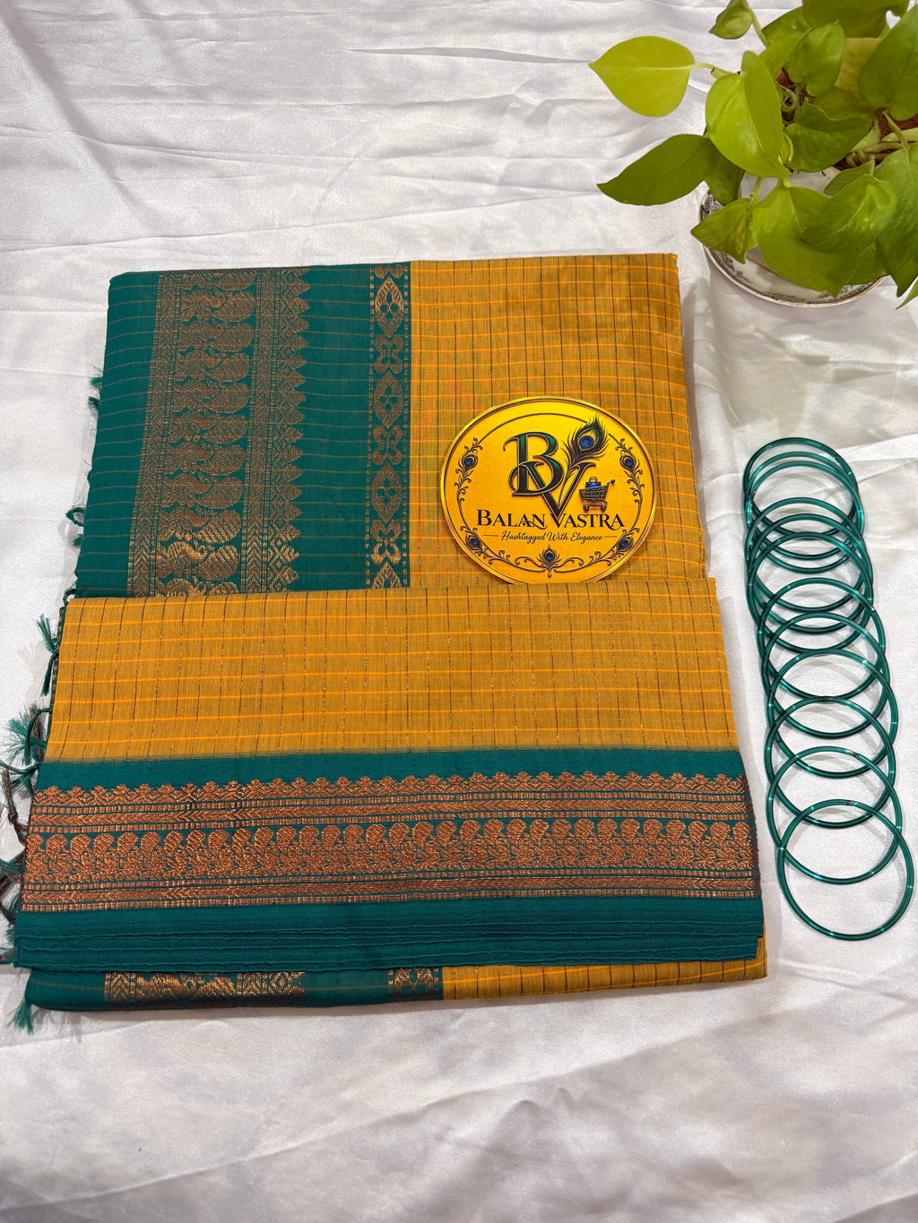 Mustard Yellow and Green Border Checked Kalyani Cotton Saree for Women | Kalyani Cotton Saree