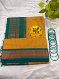 Mustard Yellow and Green Border Checked Kalyani Cotton Saree for Women | Kalyani Cotton Saree