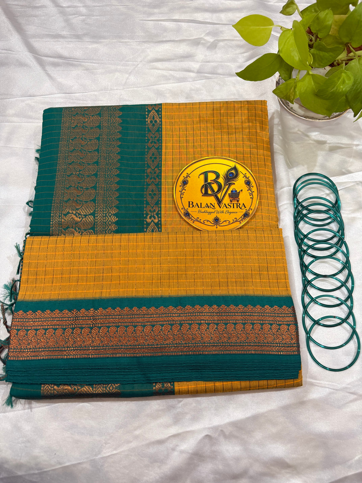 Mustard Yellow and Green Border Checked Kalyani Cotton Saree for Women | Kalyani Cotton Saree