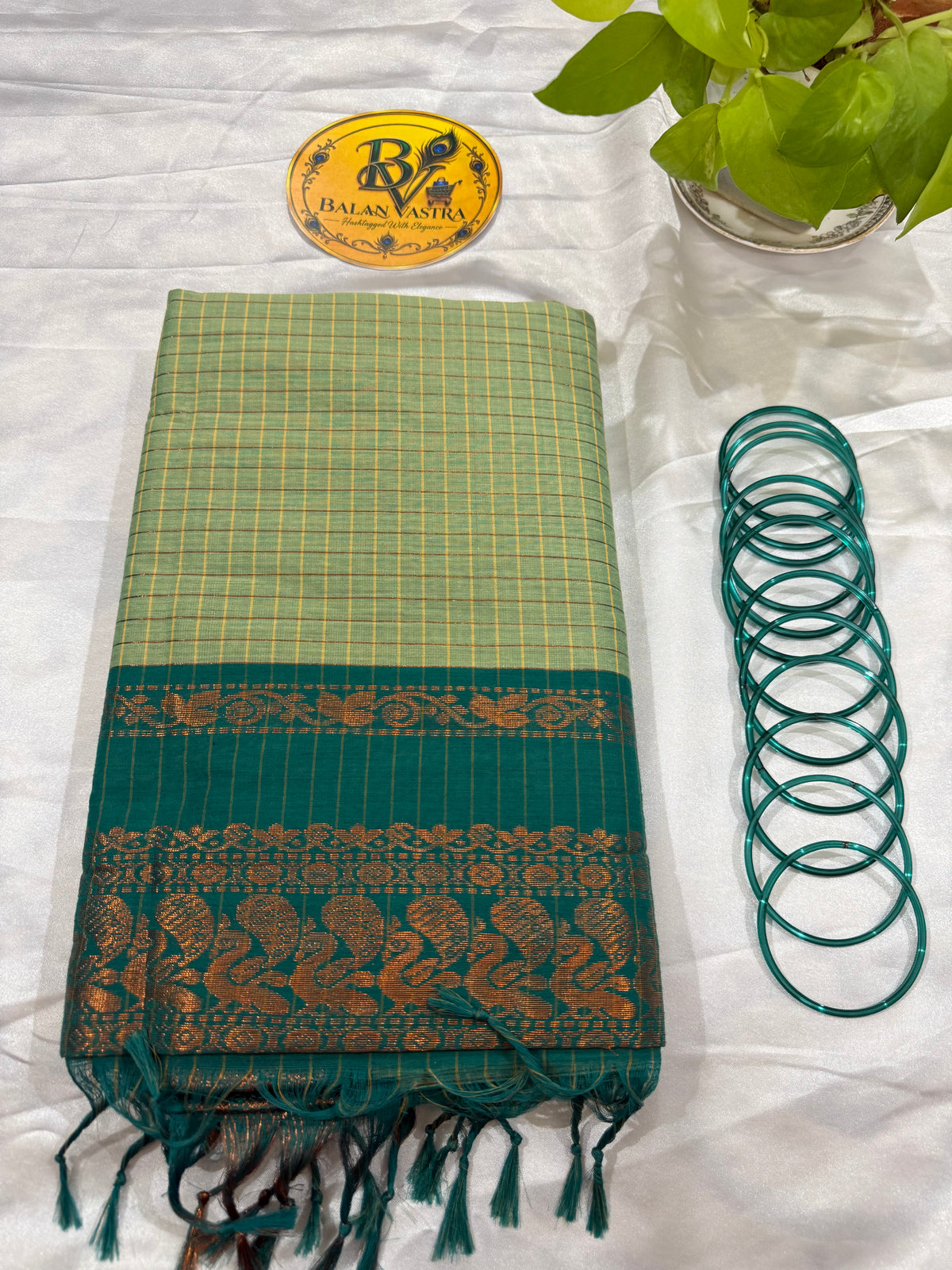 Teal Green and Dark Green Border Checked Kalyani Cotton Saree for Women | Kalyani Cotton Saree