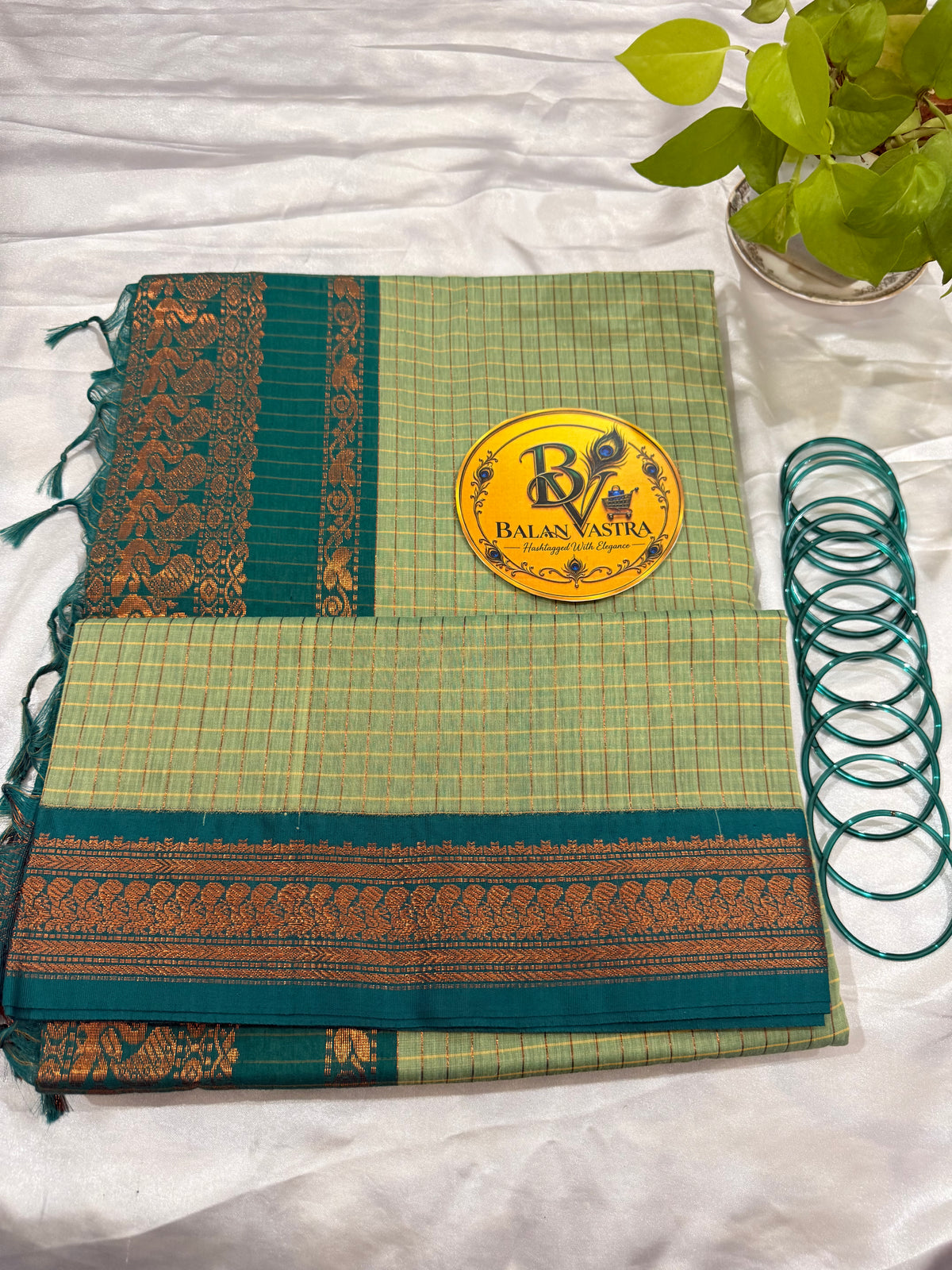 Teal Green and Dark Green Border Checked Kalyani Cotton Saree for Women | Kalyani Cotton Saree