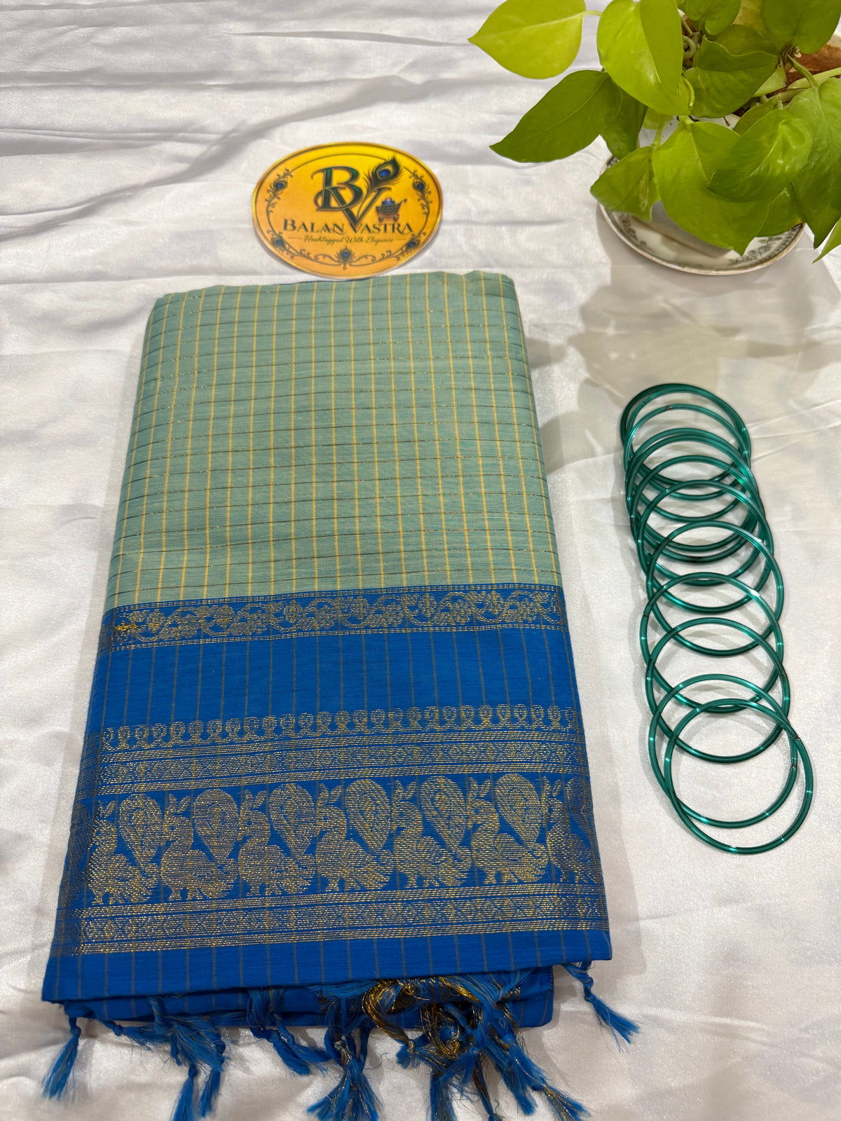 Pista Green and Sky Blue Border Checked Kalyani Cotton Saree for Women | Kalyani Cotton Saree