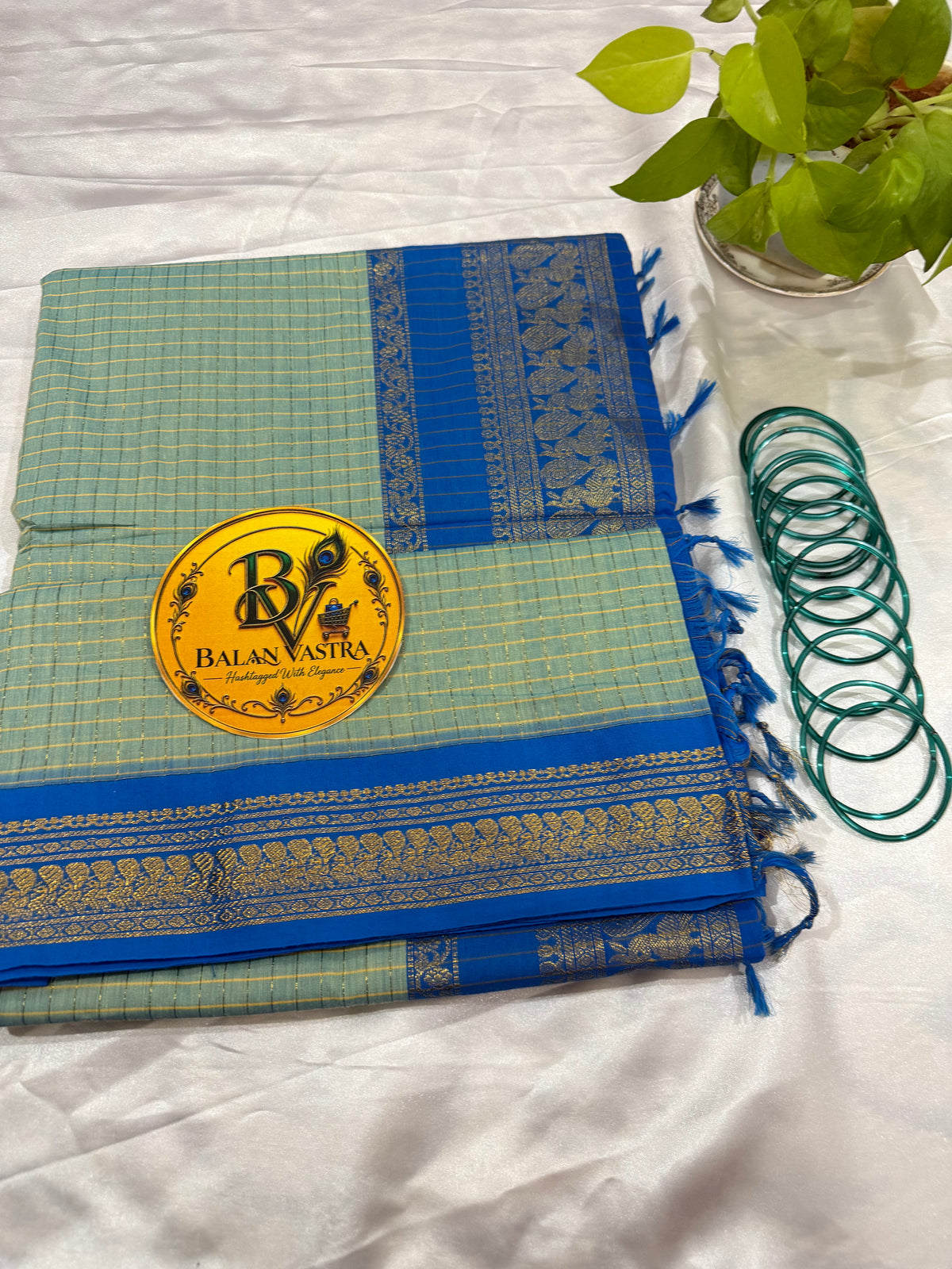 Pista Green and Sky Blue Border Checked Kalyani Cotton Saree for Women | Kalyani Cotton Saree