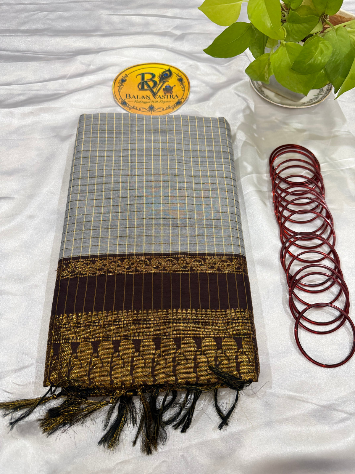 Grey and Coffee Brown Border Checked Kalyani Cotton Saree for Women | Kalyani Cotton Saree