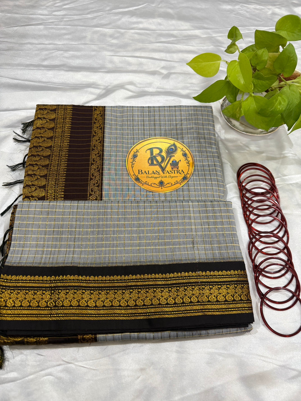 Grey and Coffee Brown Border Checked Kalyani Cotton Saree for Women | Kalyani Cotton Saree