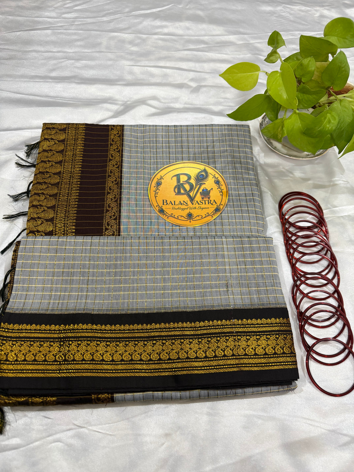Grey and Coffee Brown Border Checked Kalyani Cotton Saree for Women | Kalyani Cotton Saree