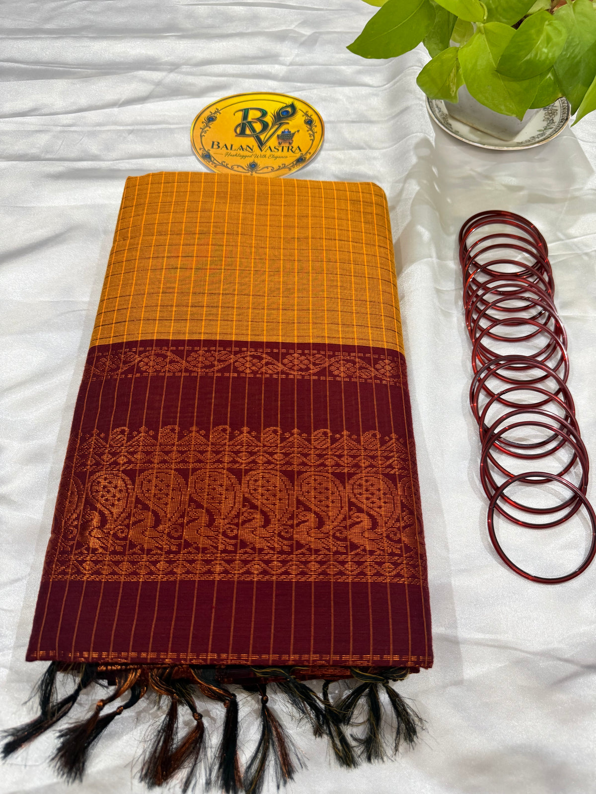 Mustard Yellow and Maroon Border Checked Kalyani Cotton Saree for Women | Kalyani Cotton Saree