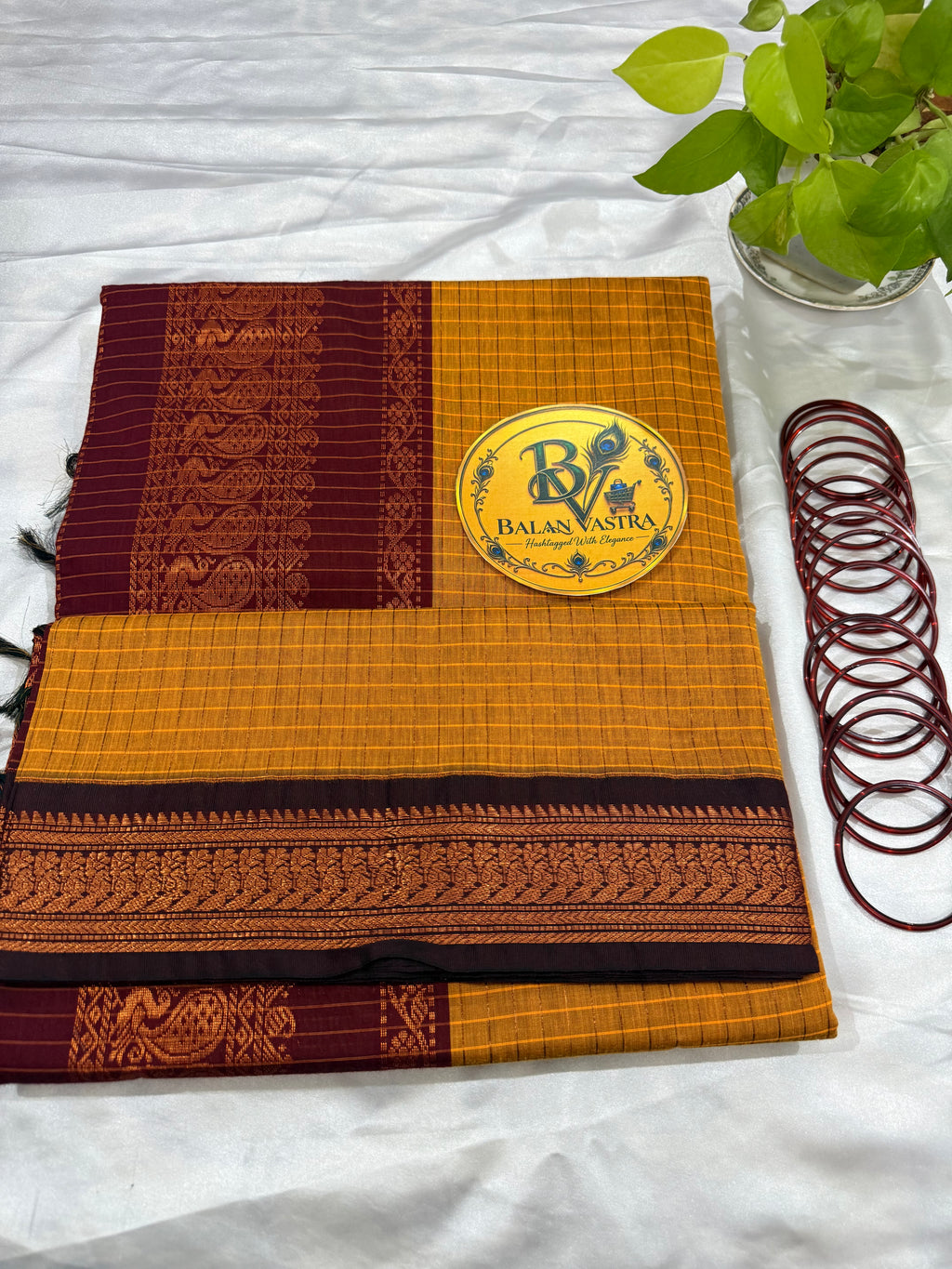 Mustard Yellow and Maroon Border Checked Kalyani Cotton Saree for Women | Kalyani Cotton Saree