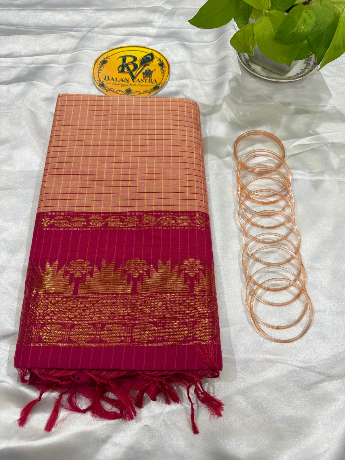 Peach and Pink Border Checked Kalyani Cotton Saree for Women | Kalyani Cotton Saree