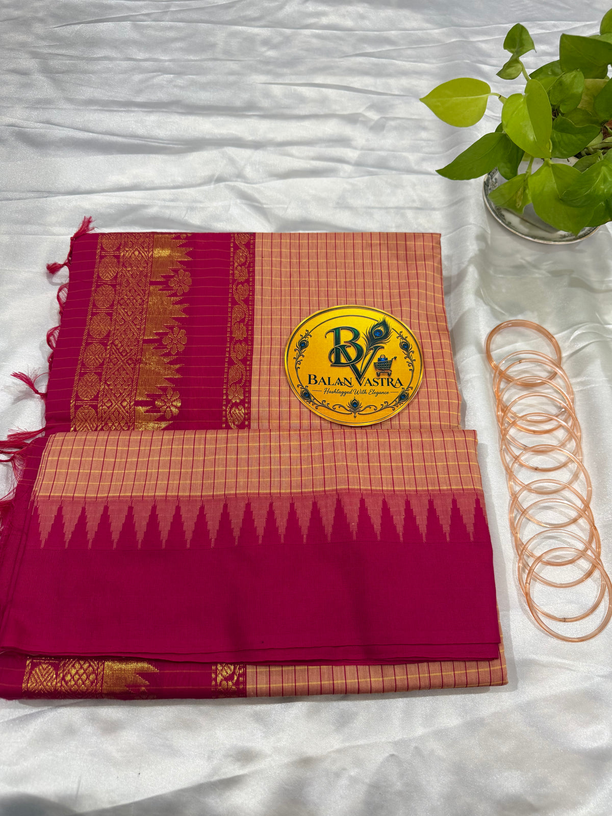 Peach and Pink Border Checked Kalyani Cotton Saree for Women | Kalyani Cotton Saree