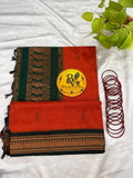 Orange and Dark Green Pure Kalyani Cotton Saree with Zari Border | Kalyani Cotton Saree