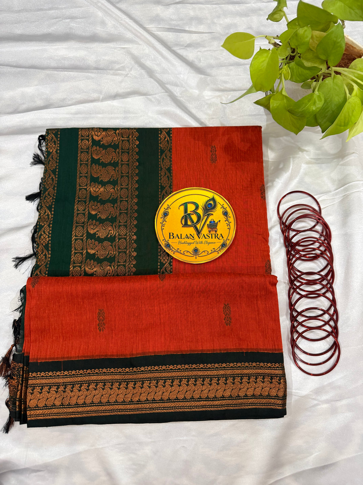 Orange and Dark Green Pure Kalyani Cotton Saree with Zari Border | Kalyani Cotton Saree
