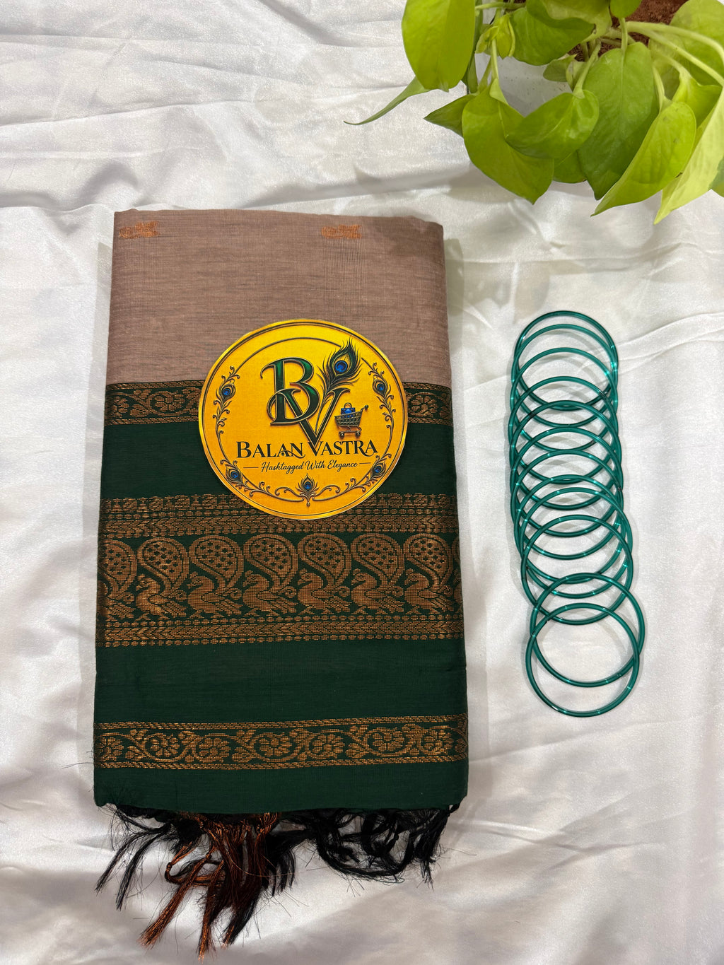Grey and Dark Green Pure Kalyani Cotton Saree with Zari Border | Kalyani Cotton Saree