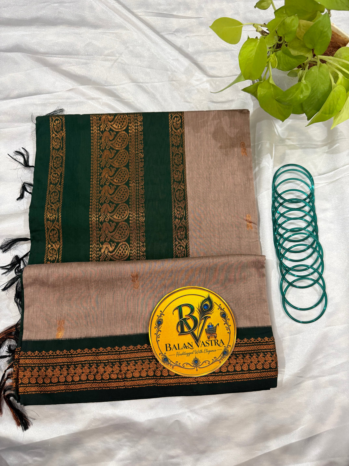 Grey and Dark Green Pure Kalyani Cotton Saree with Zari Border | Kalyani Cotton Saree