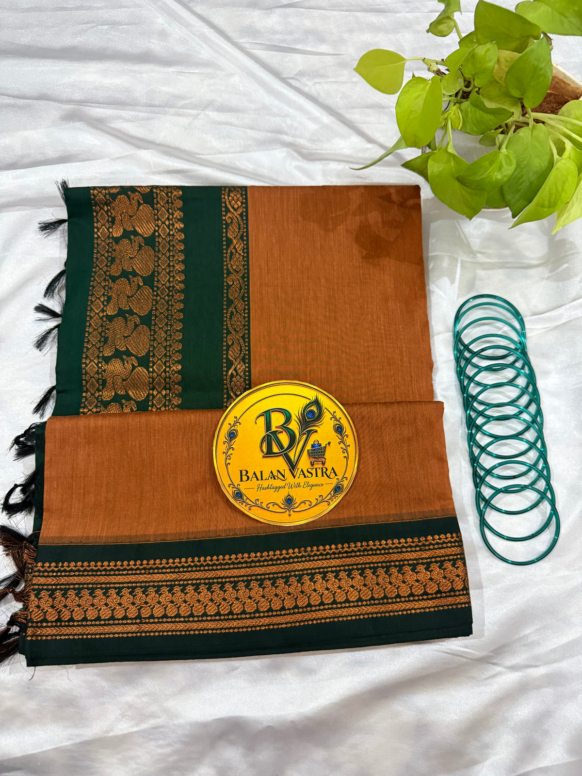 Rust and Dark Green Pure Kalyani Cotton Saree with Zari Border | Kalyani Cotton Saree