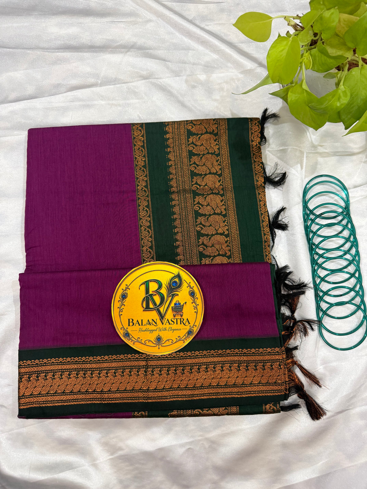Purple and Dark Green Pure Kalyani Cotton Saree with Zari Border | Kalyani Cotton Saree
