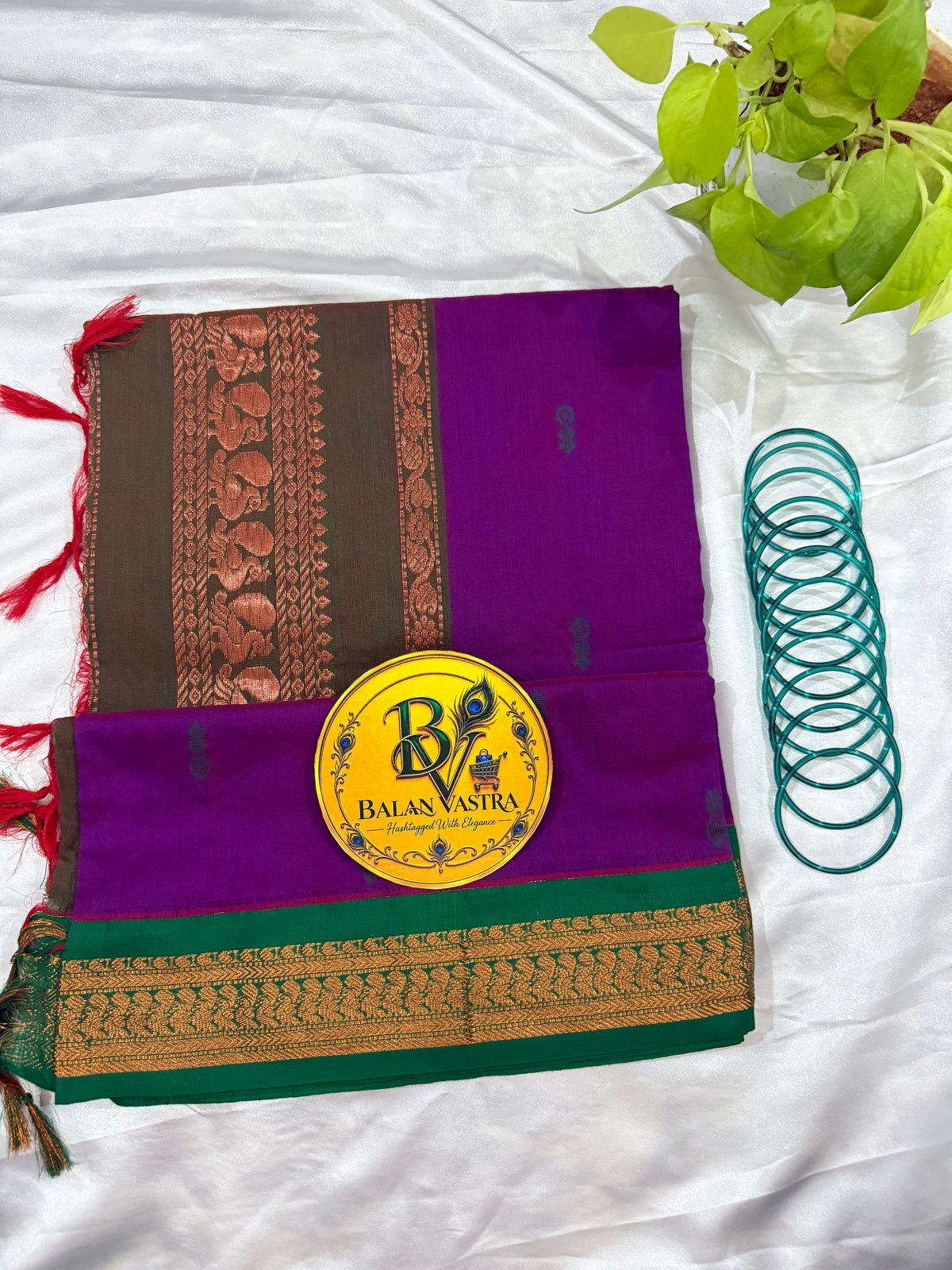 Purple and Light Green Pure Kalyani Cotton Saree with Zari Border | Kalyani Cotton Saree