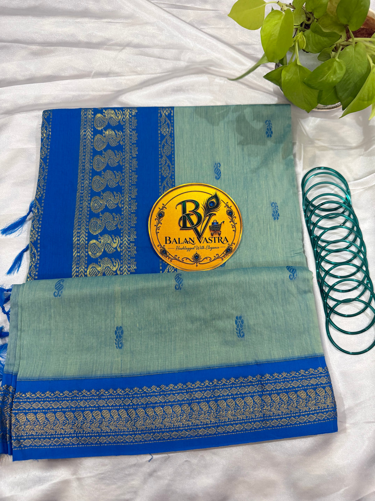 Pastel Green and Blue Pure Kalyani Cotton Saree with Zari Border | Kalyani Cotton Saree