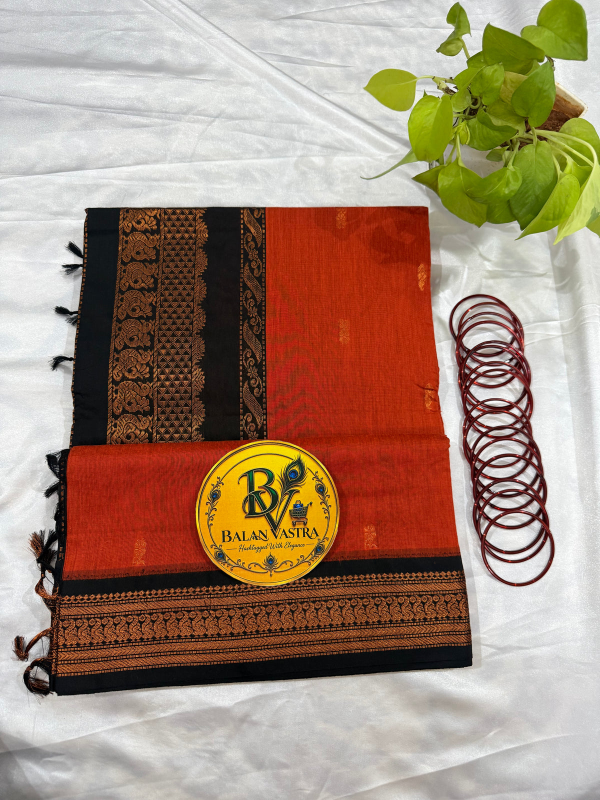 Orange and Black Pure Kalyani Cotton Saree with Zari Border | Kalyani Cotton Saree