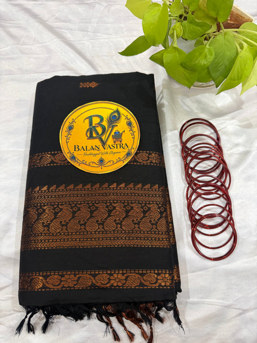 Black Pure Kalyani Cotton Saree with Gold Zari Border | Kalyani Cotton Saree